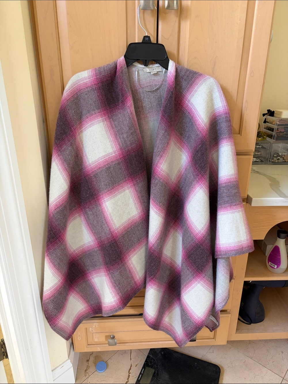 LOFT Pink, Gray & Cream Plaid Open-Front Poncho